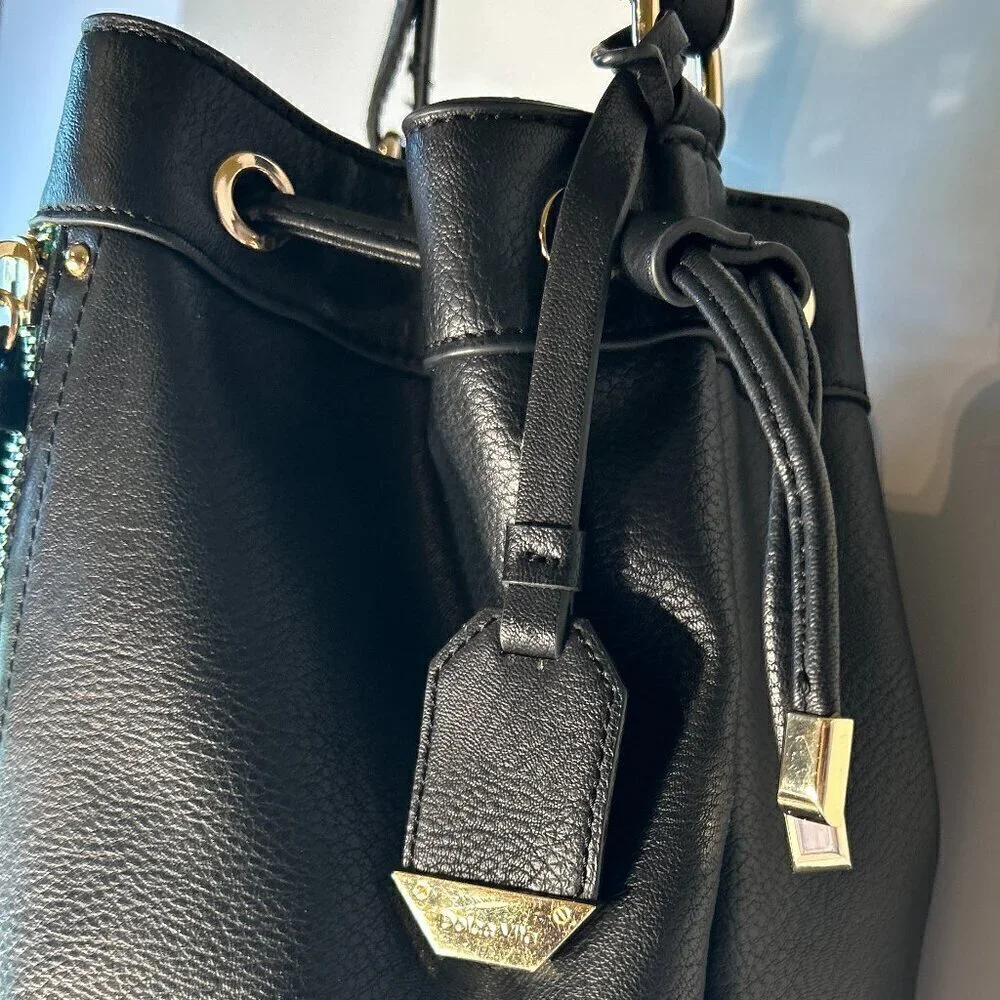 Dolce Vita Black Vegan leather bucket handbag gold tone hardware classic essenti